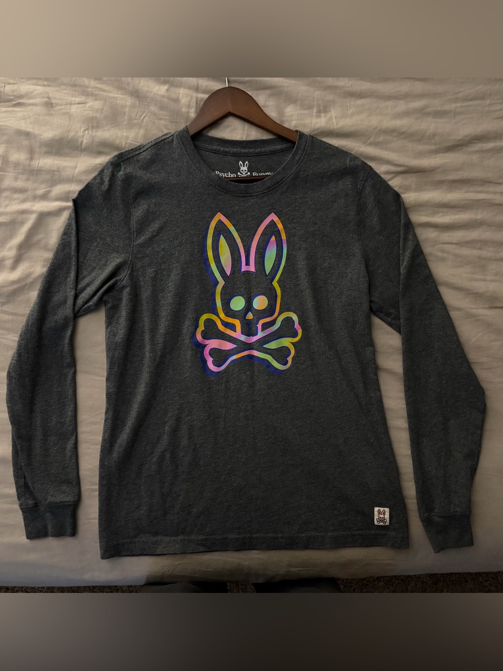 Psycho Bunny Charcoal Long-Sleeve Tee with Rainbow Bunny Logo